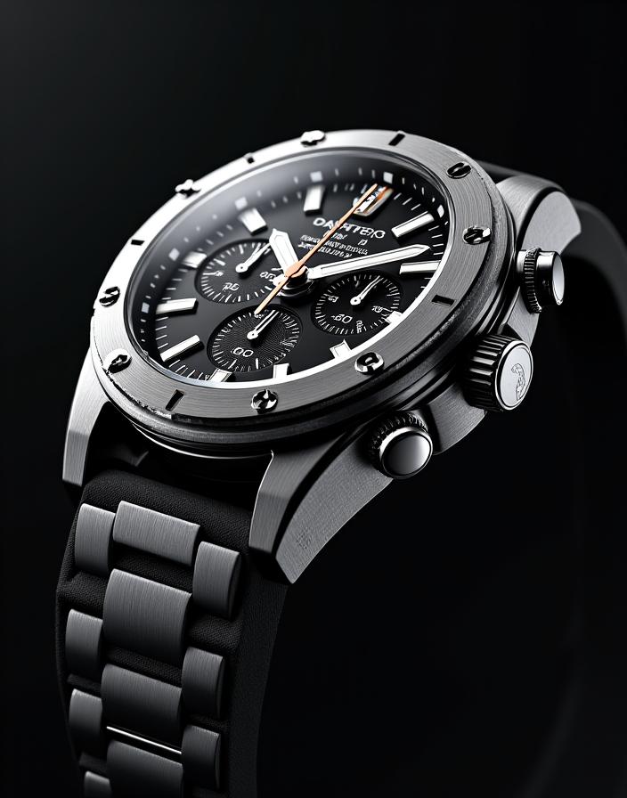 An angled shot of a complex chronograph watch with a black dial and a stainless steel bracelet.