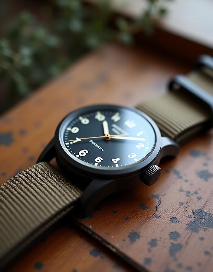 A field watch with a canvas strap resting on a worn wooden surface, suggesting ruggedness.