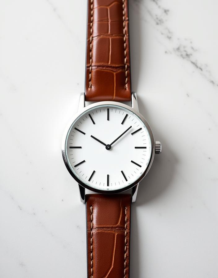 A top-down shot of a minimalist watch with a white dial and a brown leather strap on a textured gray background.