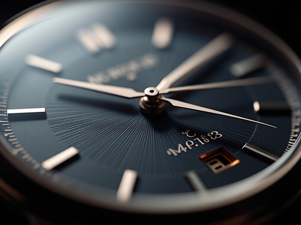 A macro shot showcasing the textured dial and polished hands of a watch, highlighting the fine details of its construction.