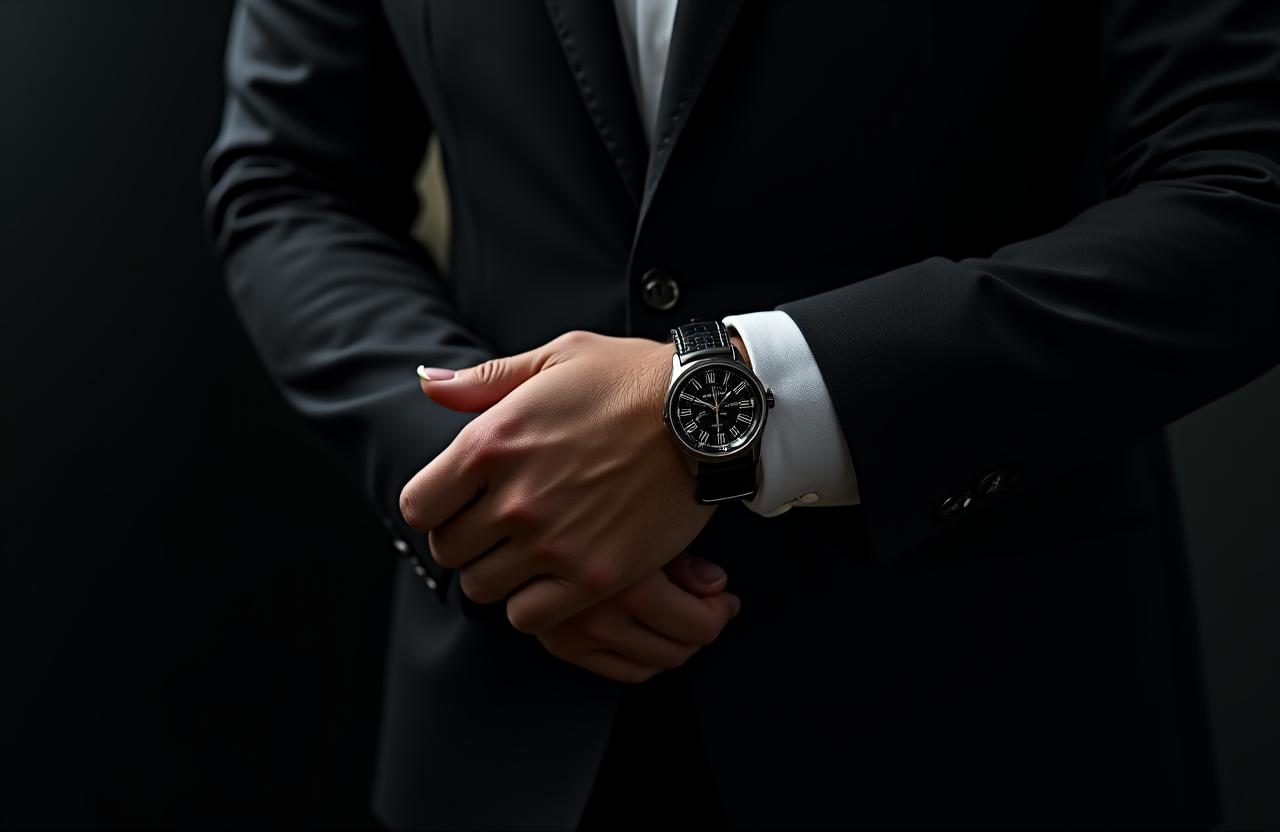A close-up, moody shot of a man in a well-fitted suit jacket adjusting his cuff, revealing a sleek, modern watch. The lighting is dramatic and focused on the watch.