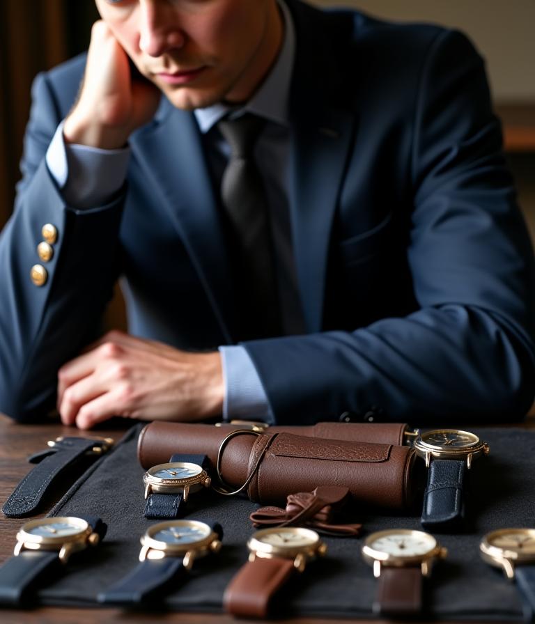 A well-dressed person thoughtfully looking at a selection of watches laid out on a table.
