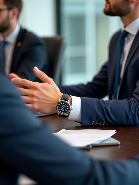A man in business attire at a meeting, his chrono-sport watch subtly visible on his wrist.