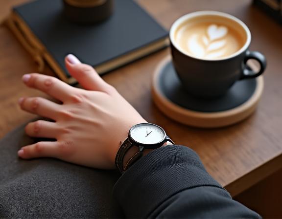 A person wearing a minimalist watch holding a coffee cup, seen from a top-down perspective.