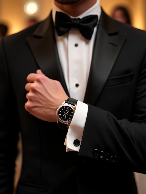 A man in a tuxedo adjusting his bow tie, with a sleek minimalist watch peeking from under his cuff.