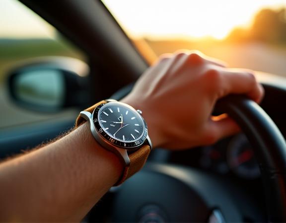 Close up of a hand on a steering wheel, wearing a field watch with a canvas strap.